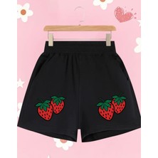 Kids Face Özel Tasarım Kırmızı Çilekler Baskılı  Çift Cepli 2 Iplik Yazlık Yeni Sezon Kız Çocuk Şort