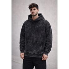 Erkek Yağ Yıkamalı Kapşonlu Double Oversize Üç Iplik Pamuklu Sweatshirt - Siyah