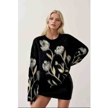 Karsel Kadın Siyah Lale Desenli Sakallı Ip Yumuşak Dokulu Kalın Triko Kazak