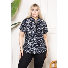 Kadın Desenli Püsküllü Viskon Bluz Bebe Yaka Kısa Kollu Big Size Rahat Kesim - Desenli
