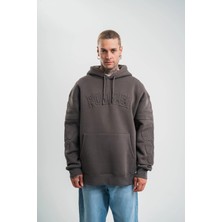 Erkek Nakış Işlemeli Kapşonlu Antrasit Sweatshirt Üç Iplik Double Oversize- Füme