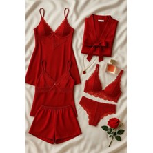 Çeyize Dair Herşey Crimson Kırmızı 6’lı Saten & Dantel Lüks Gecelik Seti