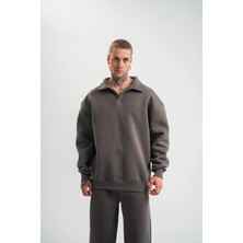 Erkek Patlı Yaka Üç Iplik Pamuklu Sweatshirt Double Oversize Rahat Kalıp Günlük Kullanım - Füme