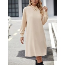 Yeşil Sarmaşık Kadın Uzun Kollu Balıkçı Yaka Kısa Şardonlu Dalgıç Elbise