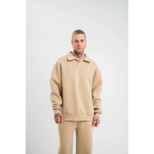 Erkek Patlı Yaka Üç Iplik Pamuklu Sweatshirt Double Oversize Rahat Kalıp Günlük Kullanım - Bej