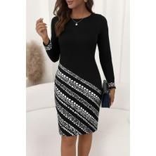 Yeşil Sarmaşık Kadın Uzun Kollu Bisiklet Yaka Desenli Dalgıç Elbise