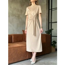 Yeşil Sarmaşık Osy Modal Yumuşak Dokulu Kumaş Yandan Bağlamalı Elbise - Bej