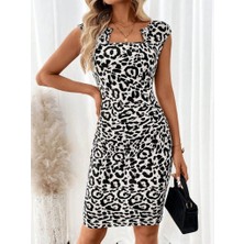 Yeşil Sarmaşık Kadın Kısa Kollu Kare Yakalı Leopar Desenli Dalgıç Elbise