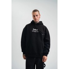 Erkek Double Oversize Kapüşonlu Sweatshirt 3 Iplik Pamuklu Göğüs Nakışlı Premium Kalite - Siyah
