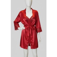 Biçomi Bicomi Bordo Dantel Işlemeli Ince Askılı Saten 2li Gecelik Sabahlık Takımı