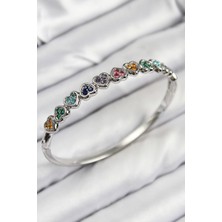 Pazarcan Pirinç Renkli Zirkon Taşlı Sıralı Kalp Model Gümüş Renk Kadın Kelepçe