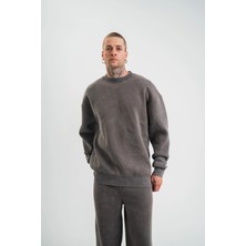 Erkek 3 Iplik Pamuklu Yağ Yıkamalı Sweatshirt Double Oversize Bisiklet Yaka Uzun Kol - Füme