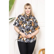 Desenli Püsküllü Viskon Bluz Bebe Yaka Kısa Kollu Big Size Rahat Kesim - Desenli