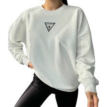 Phuti Taş Baskılı Bisiklet Yaka Beyaz Sweatshirt