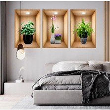 Costurera 3D Çiçek Vazo Duvar Sticker 3 Lü Set Kahverengi Fon