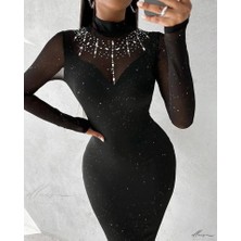 Arben Boutique Kadın Balıkçı Yaka Uzun Kollu Rahat Param ve Taş Detay Midi Boy Elbise