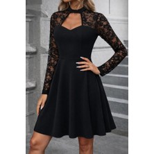 Giyimodam Kadın Uzun Kollu Balıkçı Yaka Dantelli Ithal Krep Kısa Kiloş Elbise