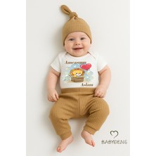 Babyden's Amcasının Aslanı Yazılı 3’lü Bebek Takımı Çıtçıtlı Zıbın, Şapka ve Fitilli Alt %100 Pamuk Zıbın Seti