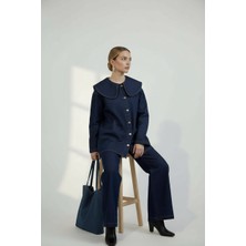 Molly Nelly Kadın Geniş Yaka Kot Kuşaklı Pantolon Takım