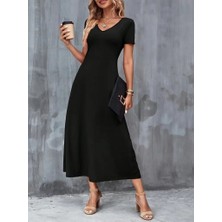 Yeşil Sarmaşık Kadın Kısa Kollu V Yakalı Cepli Viskon Elbise