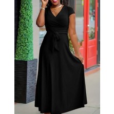 Yeşil Sarmaşık Kadın Kısa Kollu V Yakalı Belden Kuşaklı Maksi Boy Viskon Elbise