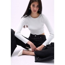 Yeşil Sarmaşık Bisiklet Yaka Dokulu Crop