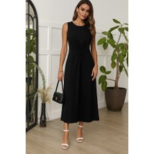 Yeşil Sarmaşık Kadın Sıfır Kollu Bisiklet Yaka Yandan Büzgü Detaylı Viskon Elbise