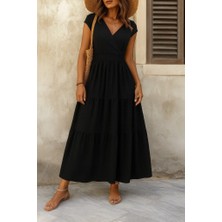 Yeşil Sarmaşık Kadın Kısa Kollu Kruvaze Yaka Beli Lastikli Süprem Maksi Boy Elbise