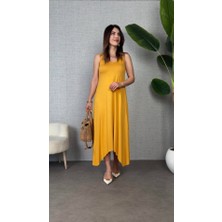 Yeşil Sarmaşık Kadın Çan Dokuma Kumaş V Yaka Asimetrik Kesim Elbise