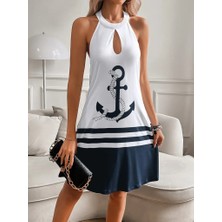 Yeşil Sarmaşık Kadın Askılı Çıpa Baskılı Sırtı Açık Kısa Süprem Elbise