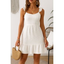 Yeşil Sarmaşık Kadın Omuz Askılı Eteği Volan Detay Brode Elbise