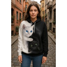 Yeşil Sarmaşık Kadın Uzun Kollu Kapşonlu Bağcıklı Kedi Desenli Şardonlu Dalgıç Bluz