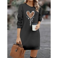 Yeşil Sarmaşık Kadın Uzun Kollu Bisiklet Yaka Kalp Desenli Kısa Viskon Elbise