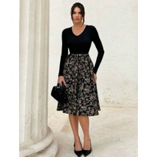 Yeşil Sarmaşık Kadın Uzun Kollu V Yakalı Üst Viskon Alt Çiçek Desenli Süprem Kısa Elbise