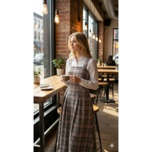 Yeşil Sarmaşık Kadın Omuz Askılı Full Ekose Detay Elbise