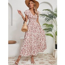 Yeşil Sarmaşık Kadın Kısa Kollu Kruvaze Yaka Beli Lastikli Çiçek Desenli Elbise