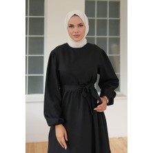 Yeşil Sarmaşık Kadın Uzun Kol Bisiklet Yaka Belden Bağlamalı Elbise