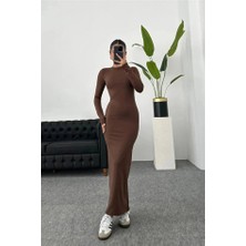 Yeşil Sarmaşık Kadın Uzun Kollu Maxi Elbise