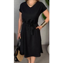 Yeşil Sarmaşık Kadın Kısa Kollu V Yakalı Beli Kuşaklı Ithal Keten Elbise