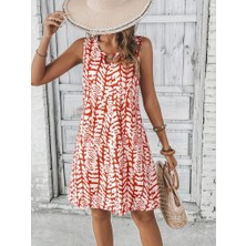 Yeşil Sarmaşık Kadın Sıfır Kol Yakadan Halka Detaylı Desenli Kısa Bürümcük Elbise