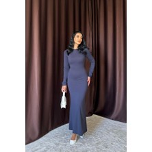 Yeşil Sarmaşık Lacivert Vücudu Saran Uzun Elbise