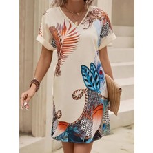 Yeşil Sarmaşık Kadın Kısa Kollu V Yakalı Desenli Mini Atlas Elbise