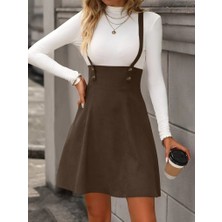 Yeşil Sarmaşık Kadın Askılı Düğmeli Mini Süet Elbise