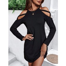 Yeşil Sarmaşık Kadın Uzun Kollu Omuz Açık Askı Detay Viskon Mini Boy Elbise