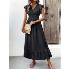 Yeşil Sarmaşık Kadın Kısa Kelebek Kollu Kruvaze Yakalı Beli Lastikli Aerobin Elbise