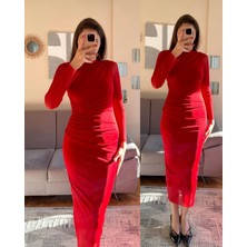 Yeşil Sarmaşık Kadın Drapeli Tül Kumaş Uzun Kollu Midi Boy Elbise