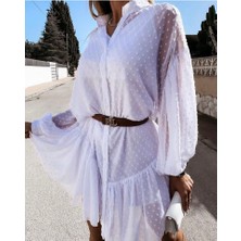 Yeşil Sarmaşık Kadın Uzun Kollu Puantiye Detay Gömlek Elbise