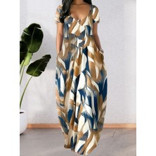 Yeşil Sarmaşık Kadın Kısa Kollu Yuvarlak Yaka Cepli Salaş Baskılı Süprem Elbise