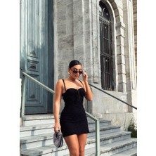 Yeşil Sarmaşık Kadın Omuz Askılı File Kumaş Likralı Mini Elbise