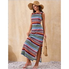 Yeşil Sarmaşık Kadın Bisiklet Yaka Cizgi Desen Süprem Elbise